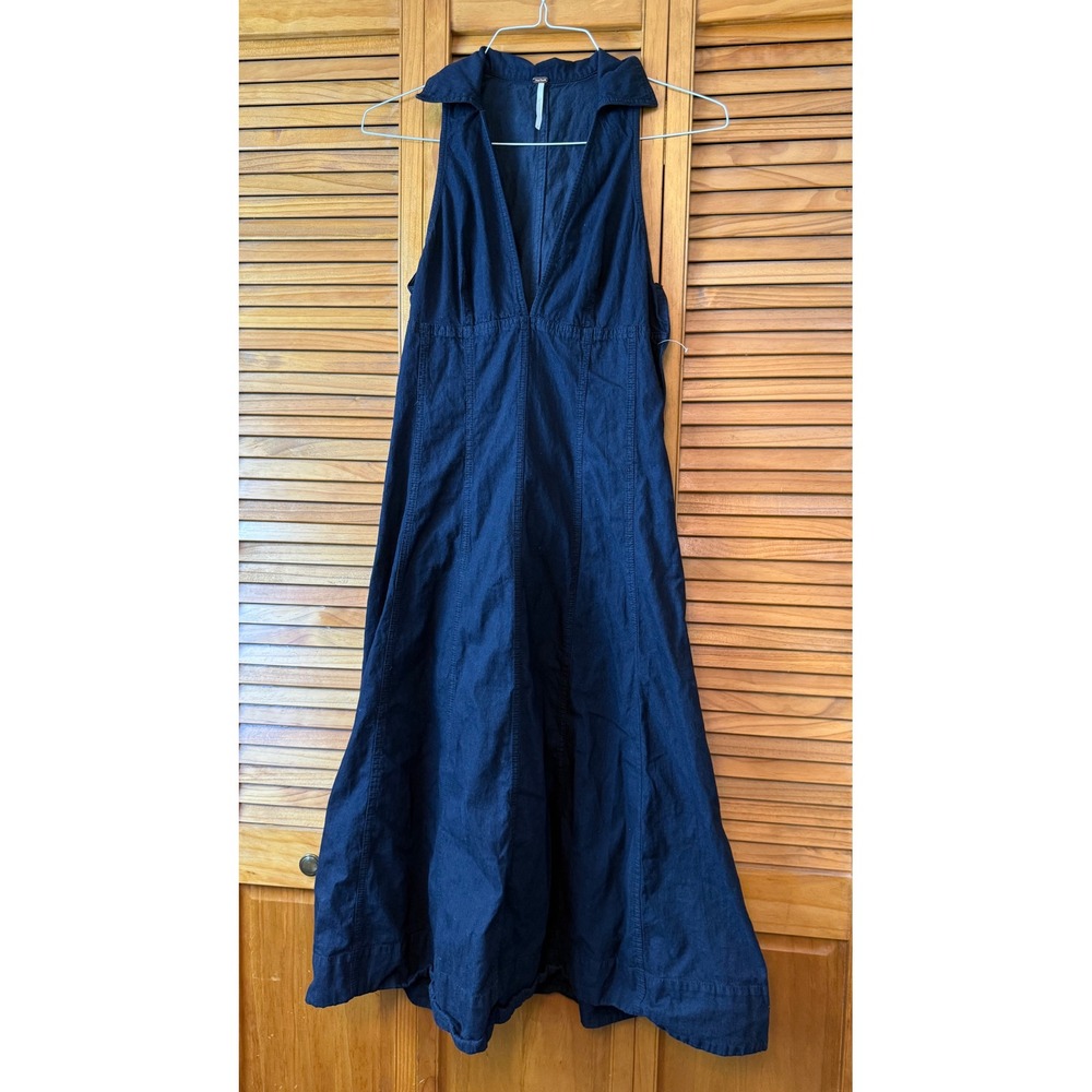 Free People Viviene Navy Blue Cotton Sleeveless V-Neck Midi Dress Size 4